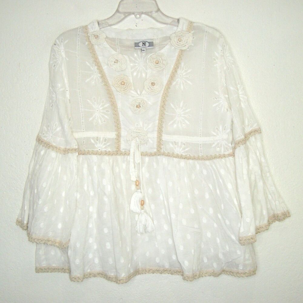 NJ COUTURE PARIS Embroidered Eyelet Boho Coastal Bell Sleeve Blouse Size M/L